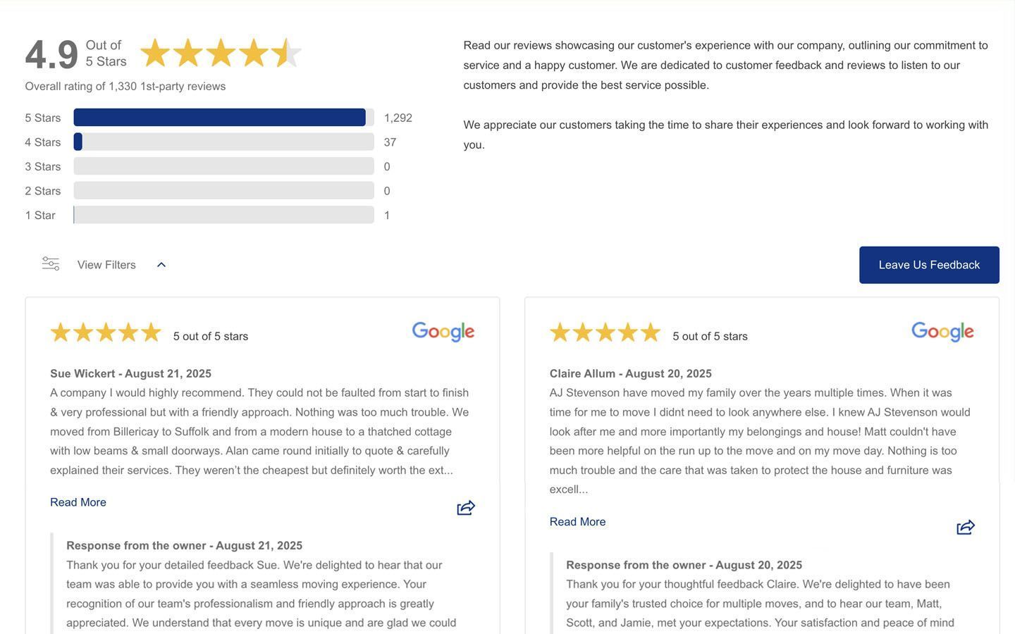 Customer review dashboard with 4.9-star rating, bar chart, and review cards on a white background