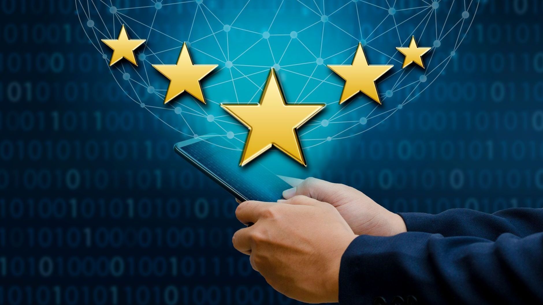 Hands holding a glowing blue shield with five gold stars, suggesting quality or protection.