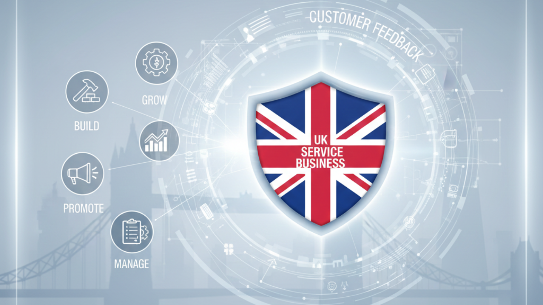 UK customer service shield icon on a light blue digital interface with call, team, and market symbols