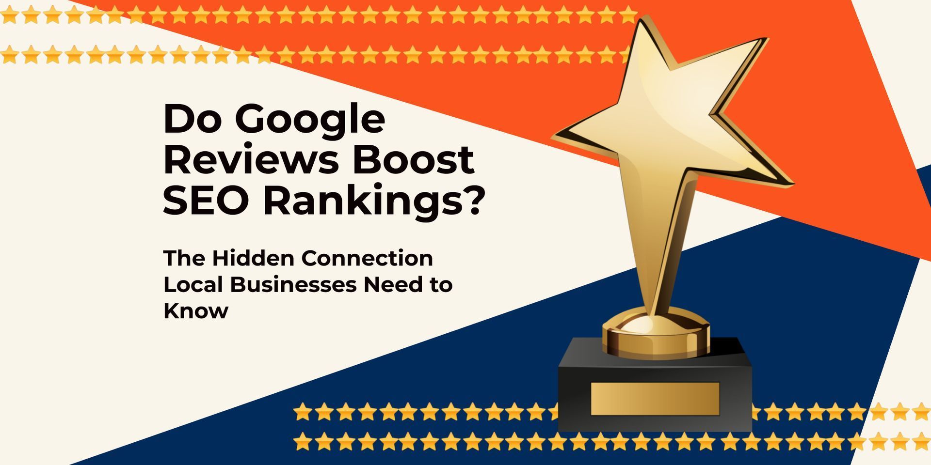 Gold trophy on orange-and-blue background with text about Google reviews boosting SEO rankings.