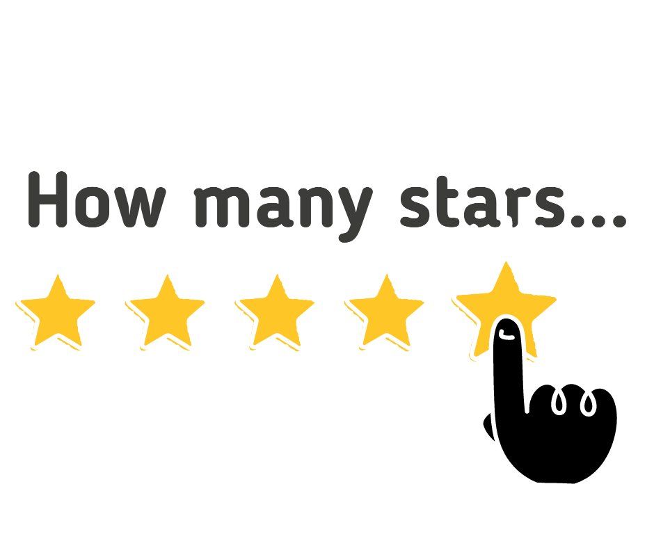 Text “How many stars...” above five yellow stars, with a black hand touching the last star.