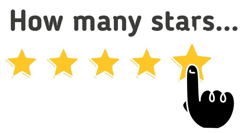 Five yellow stars with a black hand tapping the last star, under the text “How many stars...”