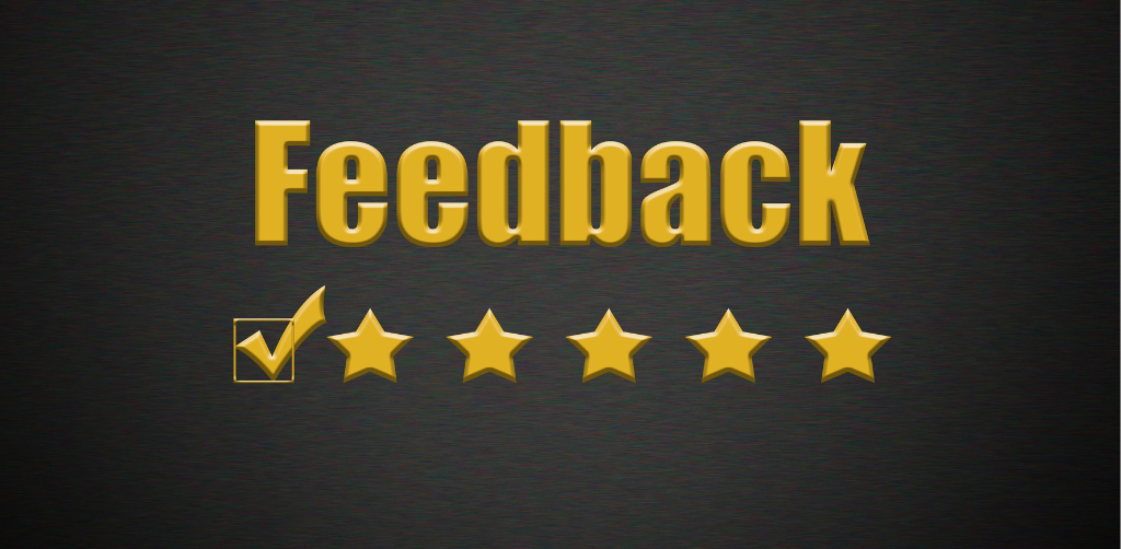 Yellow “Feedback” text with a checked box and five gold stars on a dark background