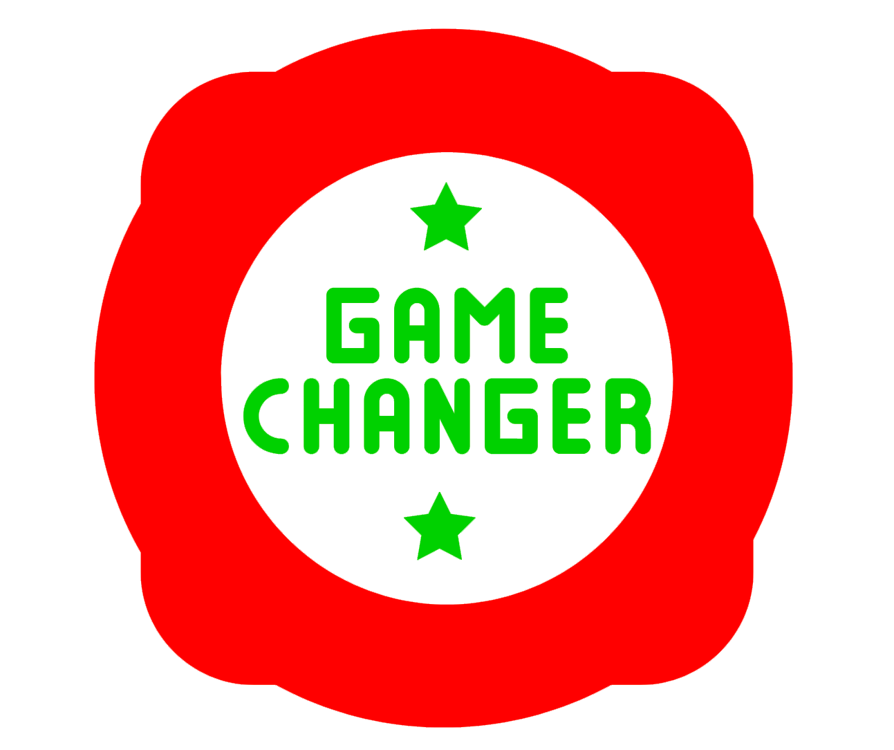 Red and white badge with green stars and the words “GAME CHANGER” in the center.