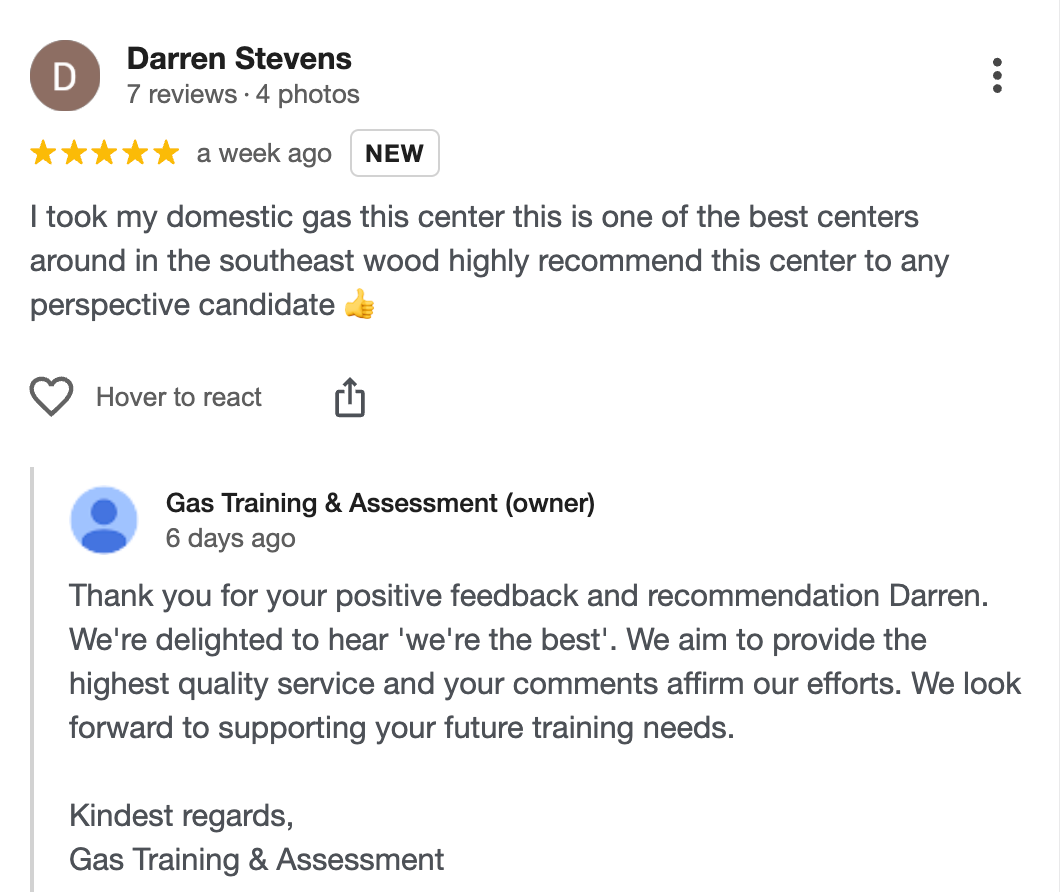 Google review praising a training center, with a reply from Qas Training & Assessment thanking the reviewer
