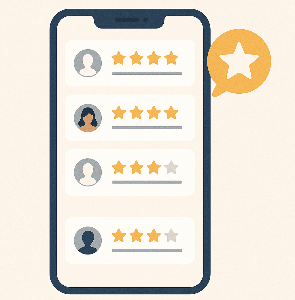 Smartphone screen showing user ratings with star reviews and profile icons, plus a gold star badge