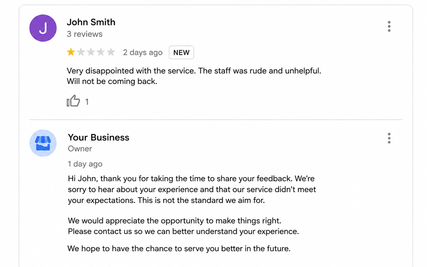 Two business review comments, one negative from John Smith and a reply from Your Business