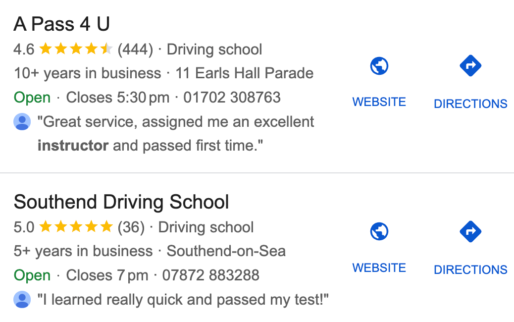 Google Map Pack driving schools