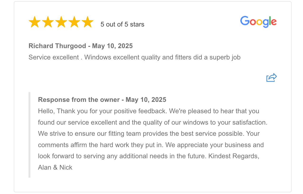 Google review screenshot with 5-star rating and owner response below