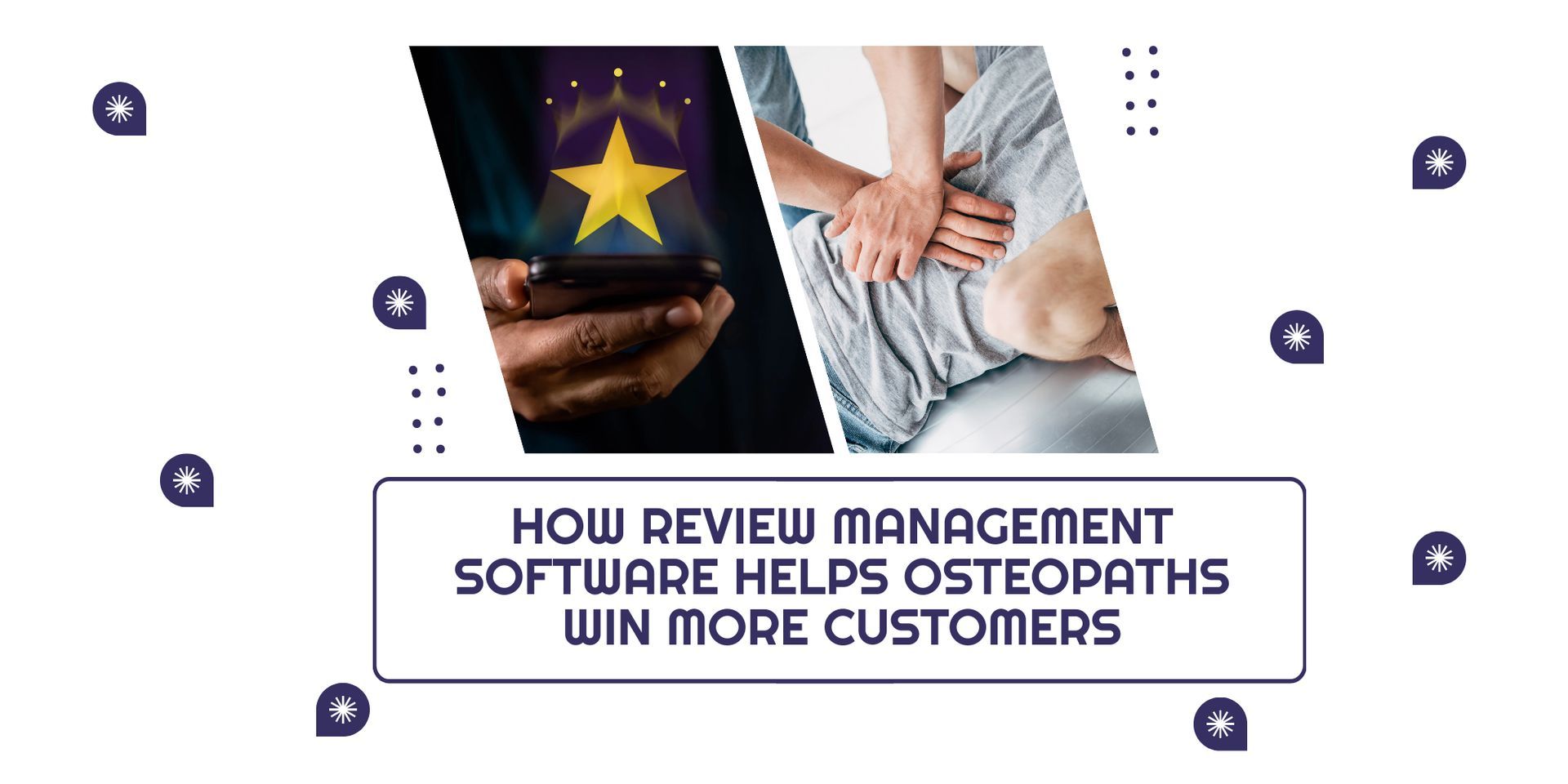 Review management software ad with laptop, star rating, and hands on a waist.