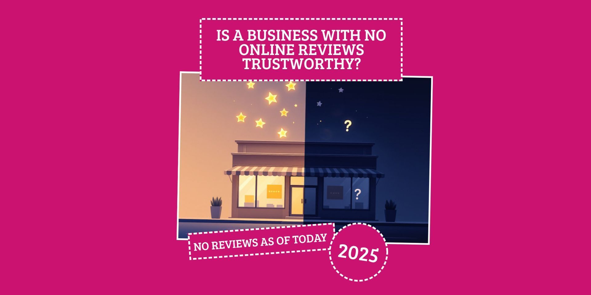 Pink and blue split storefront graphic with text about online reviews and trustworthiness in 2025