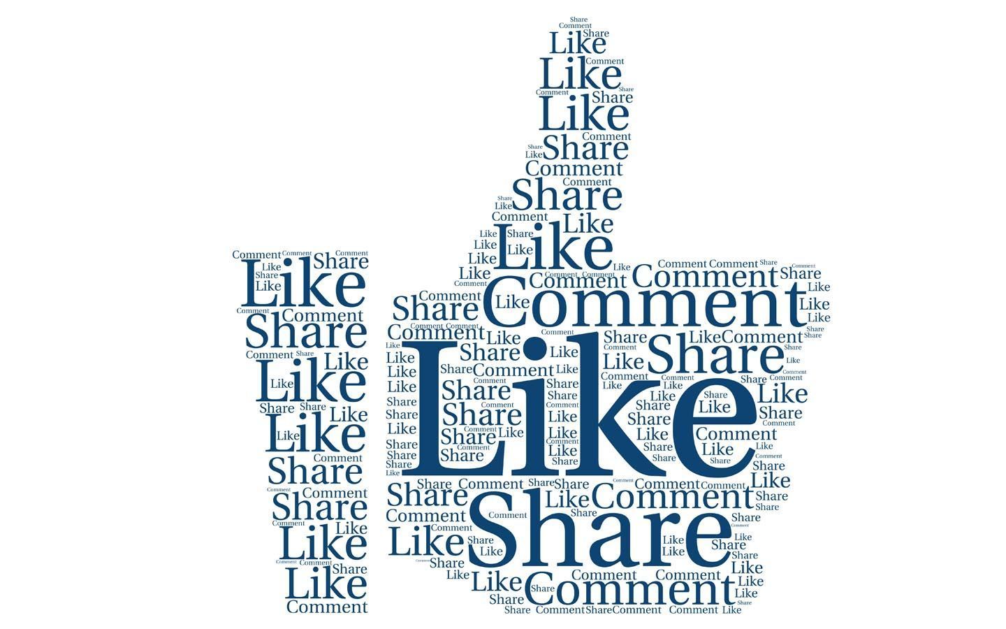 Blue social media word cloud with large “Like,” “Share,” and “Comment” text