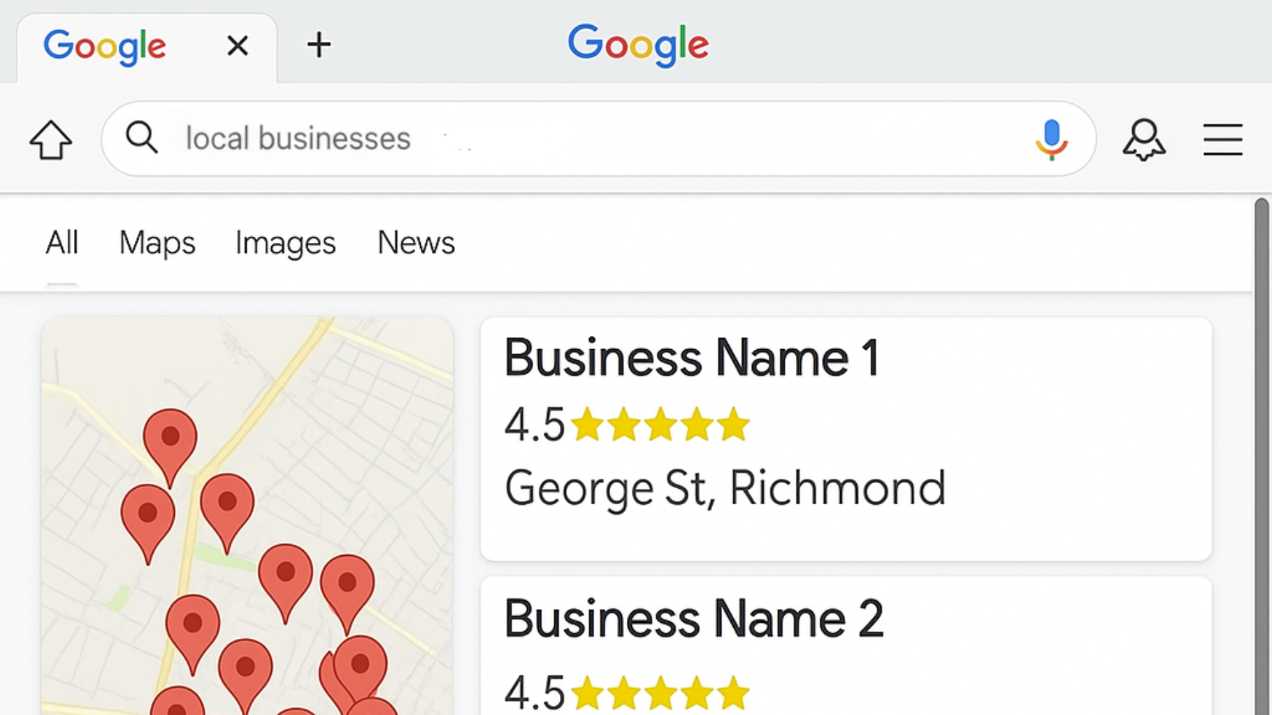 Google Maps search results for local businesses, with map pins and business listings in Richmond.