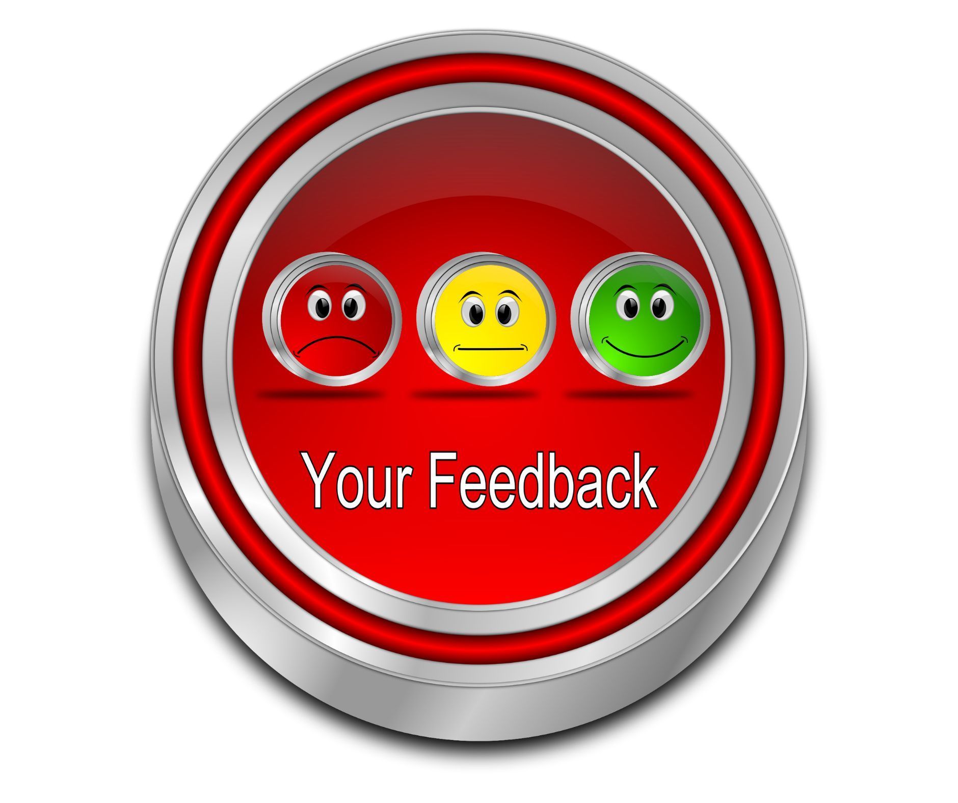 Red feedback button with three smiley faces and the words “Your Feedback”