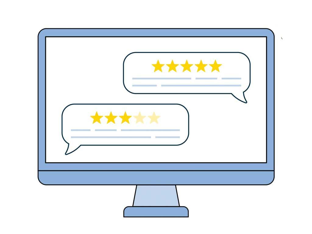 Computer monitor showing two chat bubbles with star ratings
