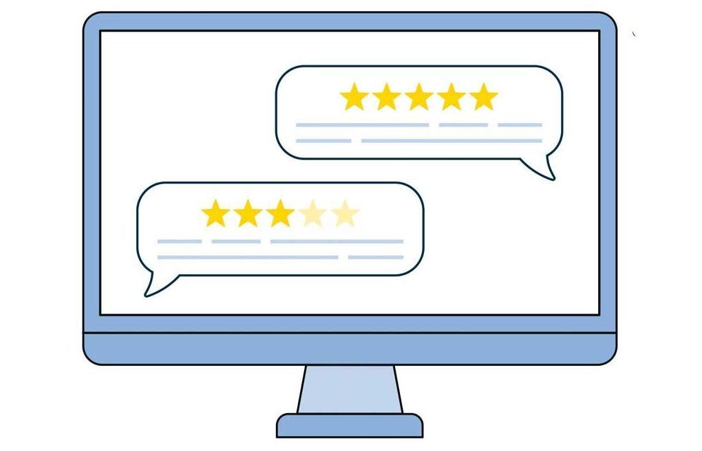 Desktop monitor showing two speech bubbles with star ratings inside