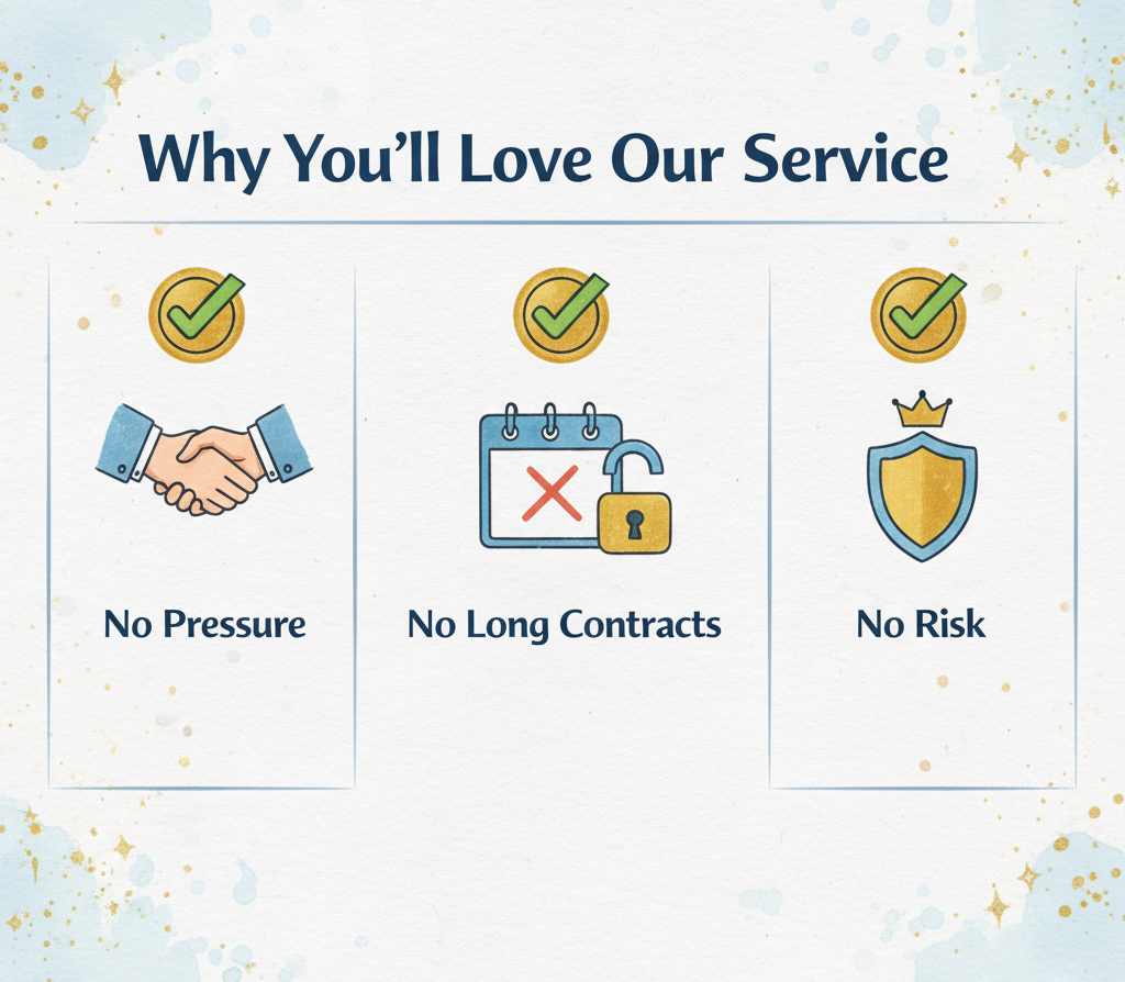 Three service icons with captions: No Pressure, No Long Contracts, No Risk