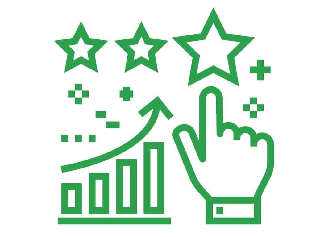 Green hand clicking rising chart with stars and upward arrow, symbolizing success and growth