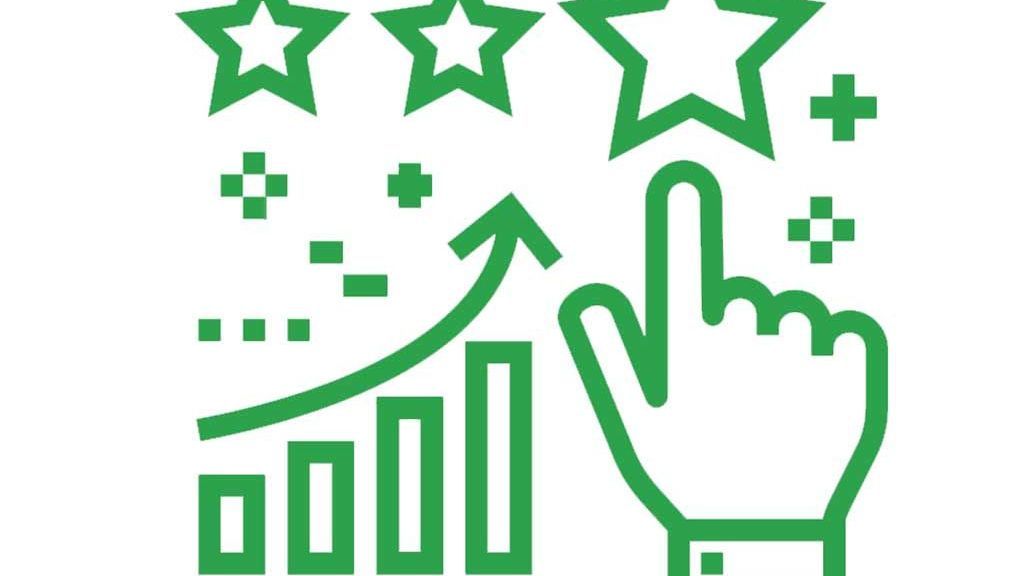 Green growth chart with upward arrow and pointing hand under stars