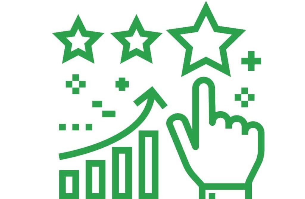 Green analytics icon with rising bar chart, stars, and a tapping hand cursor