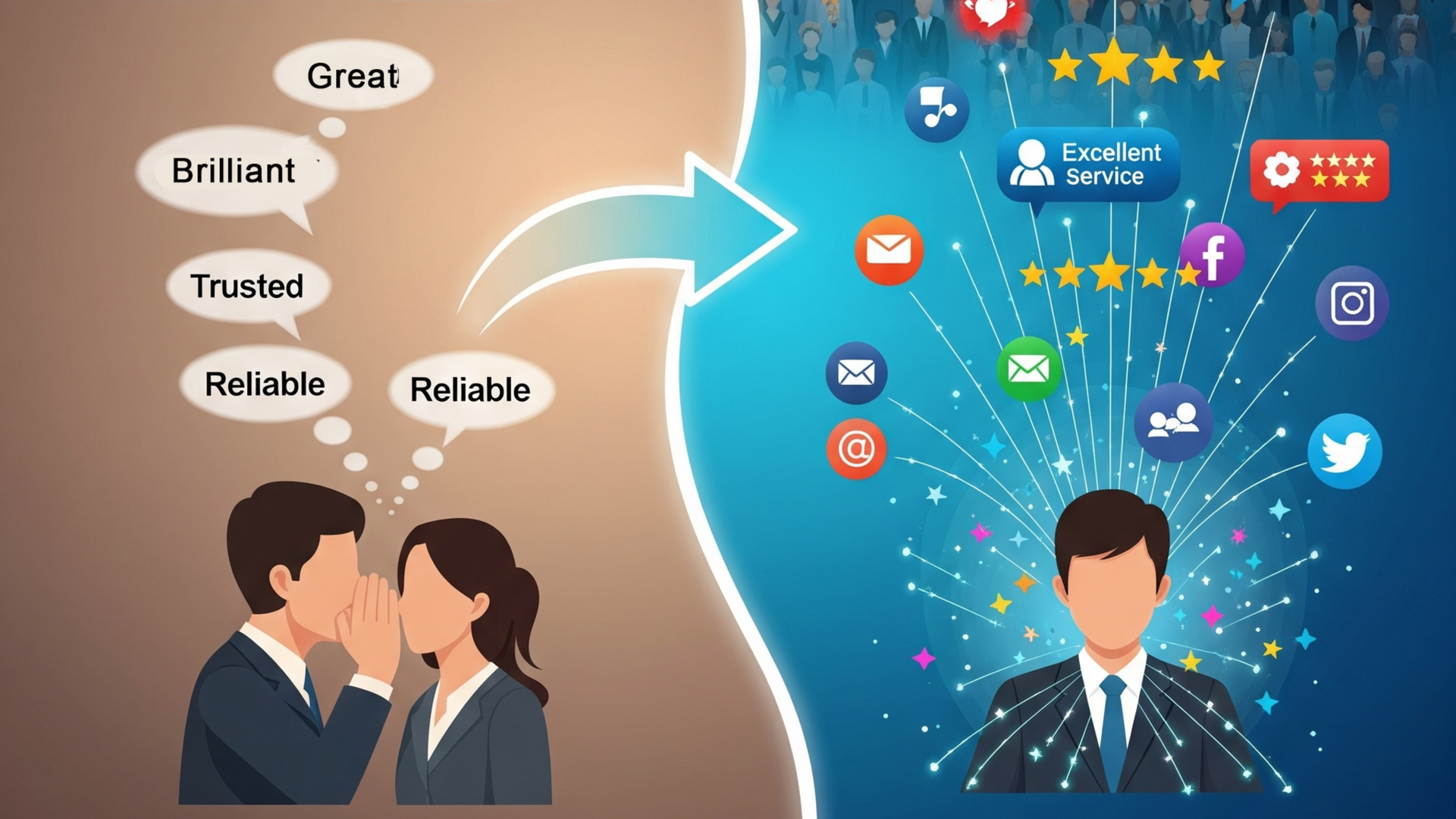 Two panels show offline trust words turning into online social media icons around a suited person.