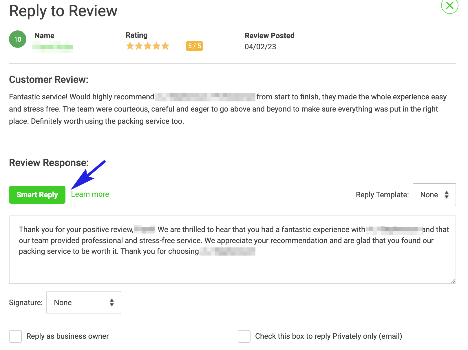 Review reply screen with customer review, reply text box, and green “Send Reply” button.