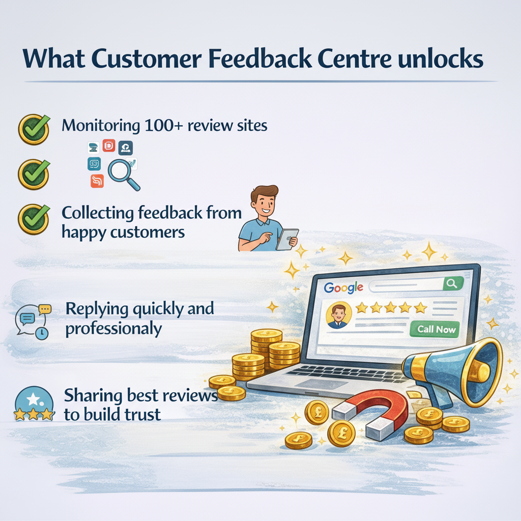 Infographic: customer feedback centre monitors reviews, collects feedback, replies quickly, and builds trust.