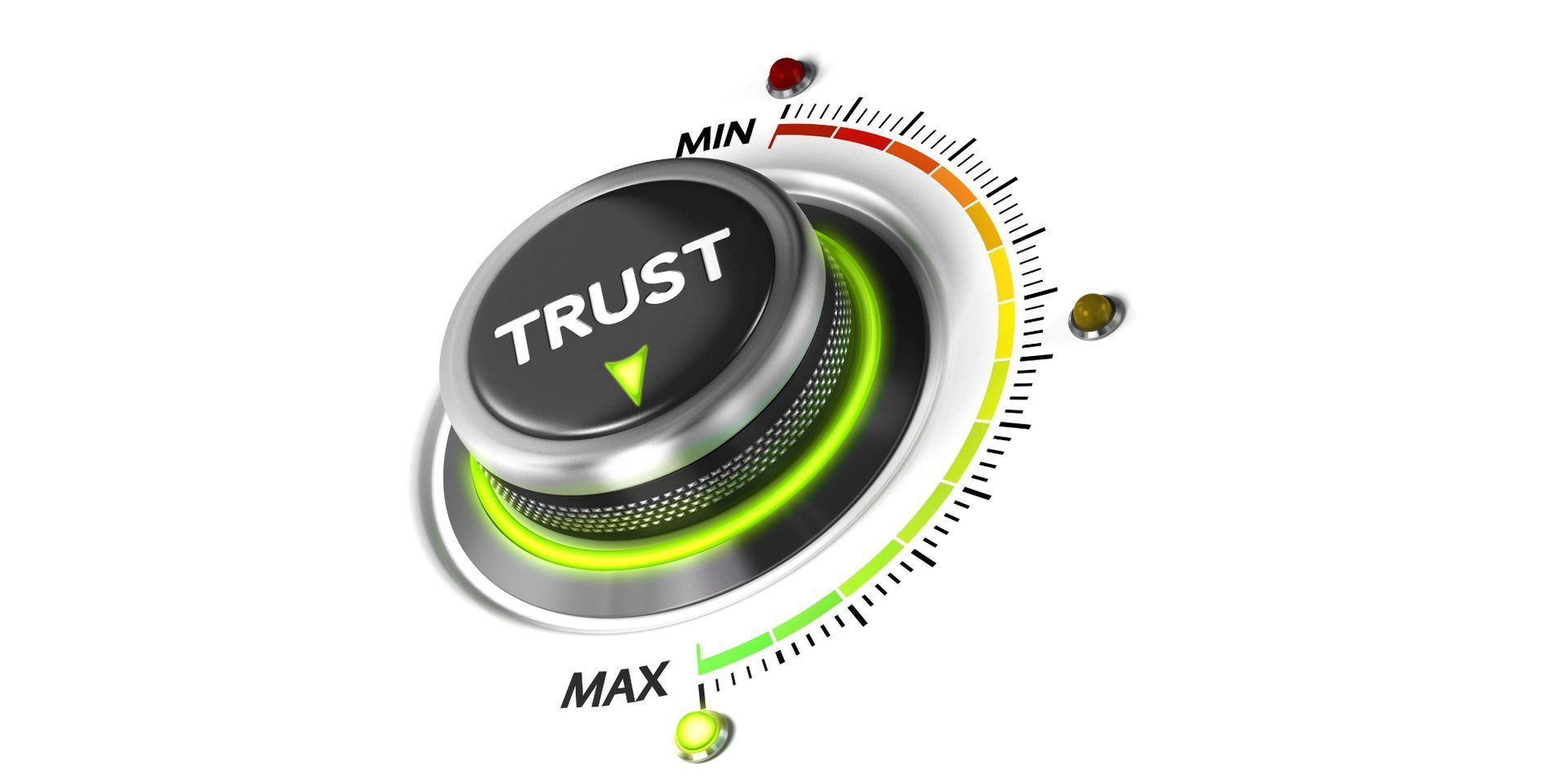 3D dial labeled “TRUST” on a green-yellow gauge, set near the high/max range