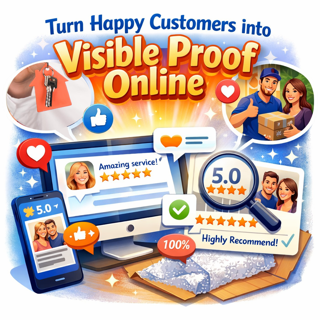 Marketing graphic about turning happy customers into visible online proof, with reviews, ratings, and social icons