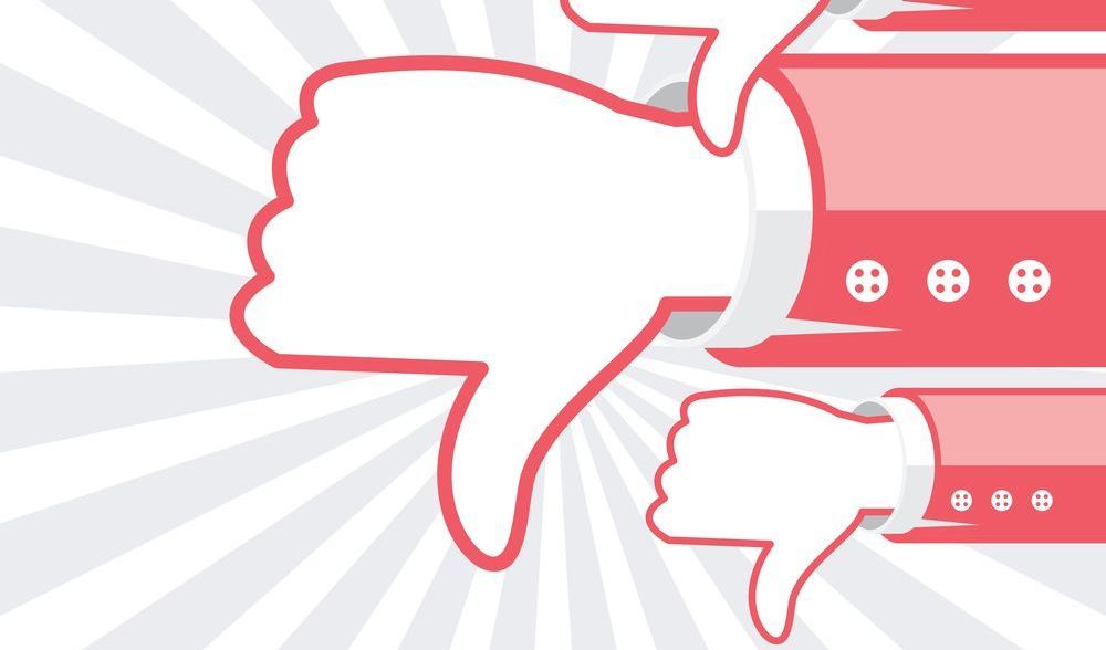 White thumbs-down icons on a red background with radiating gray rays