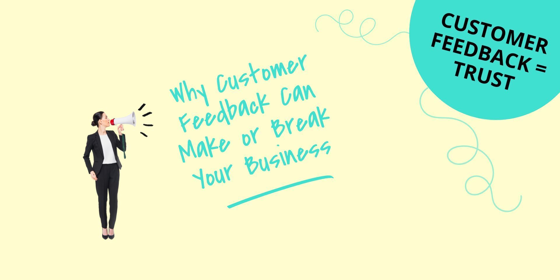 Business illustration with a person and text: “Why customer feedback can make or break your business”