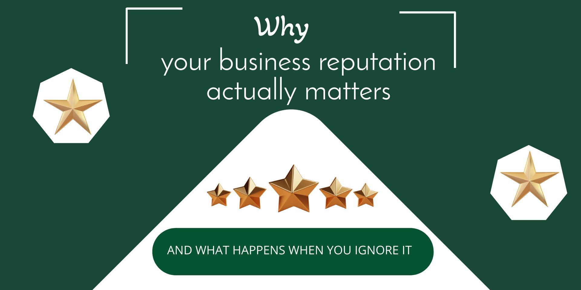 Infographic on why business reputation matters, with gold stars and green background.