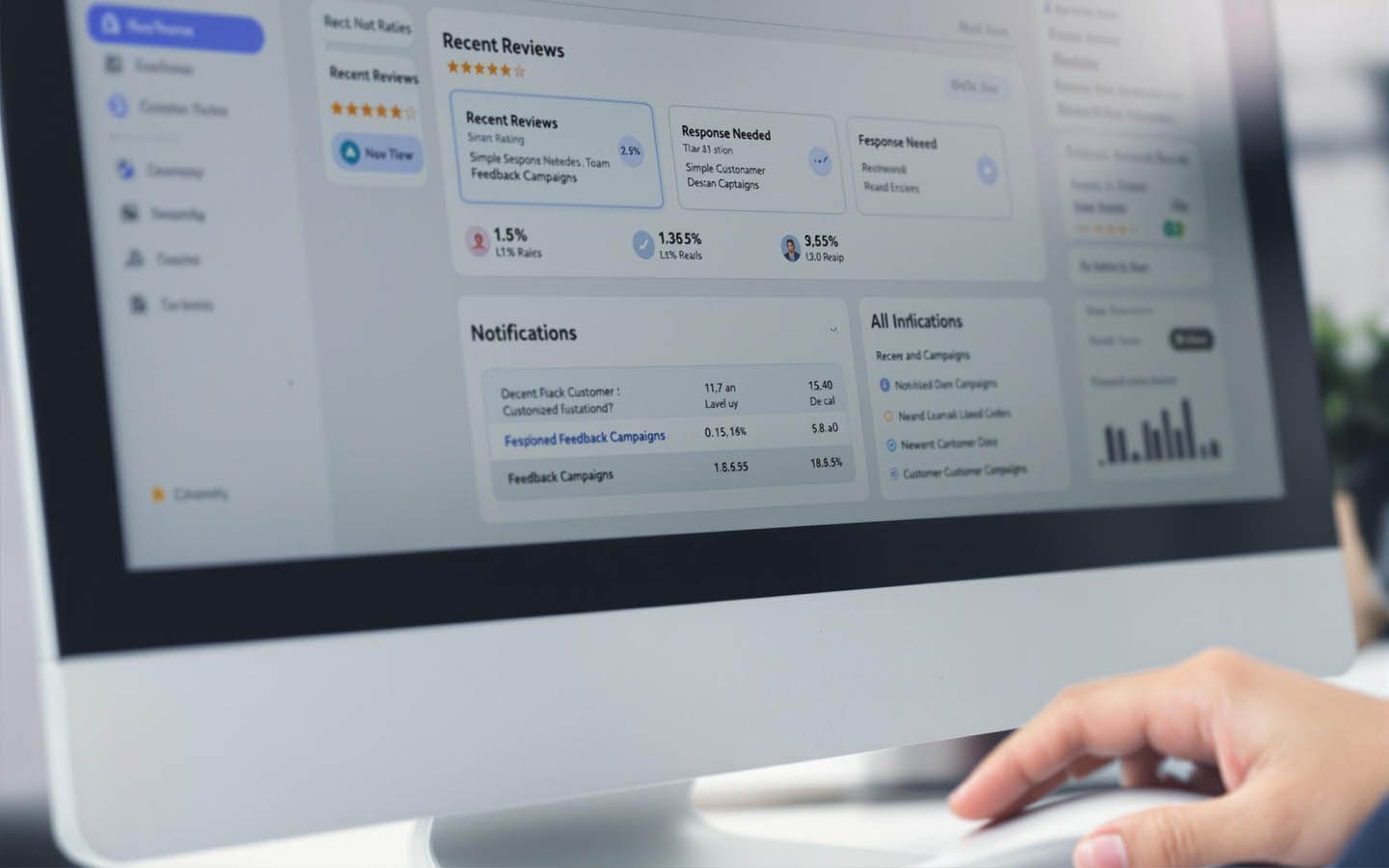 Hand using a desktop computer displaying a light-themed analytics dashboard
