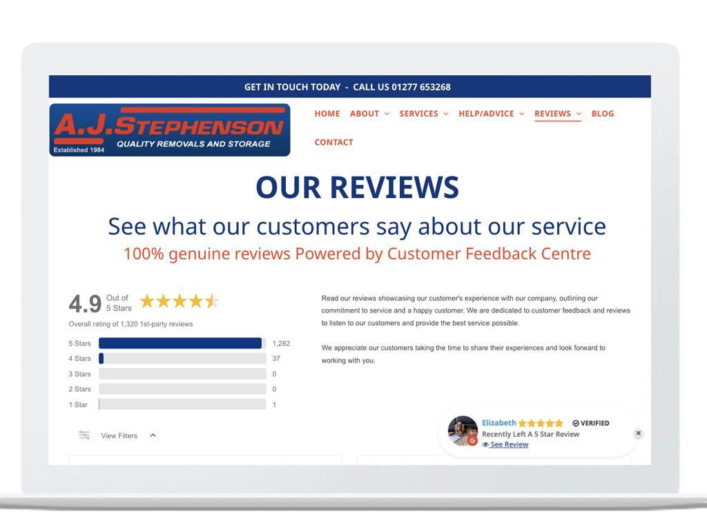Website reviews page with star ratings and customer testimonials on a white and blue layout