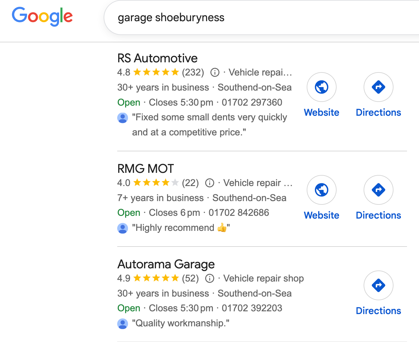 Google search results for “garage shoeburyness” showing nearby auto repair businesses with ratings and directions