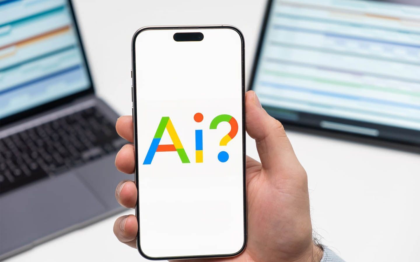 Hand holding a smartphone displaying colorful “Ai?” text, with laptops blurred in the background.
