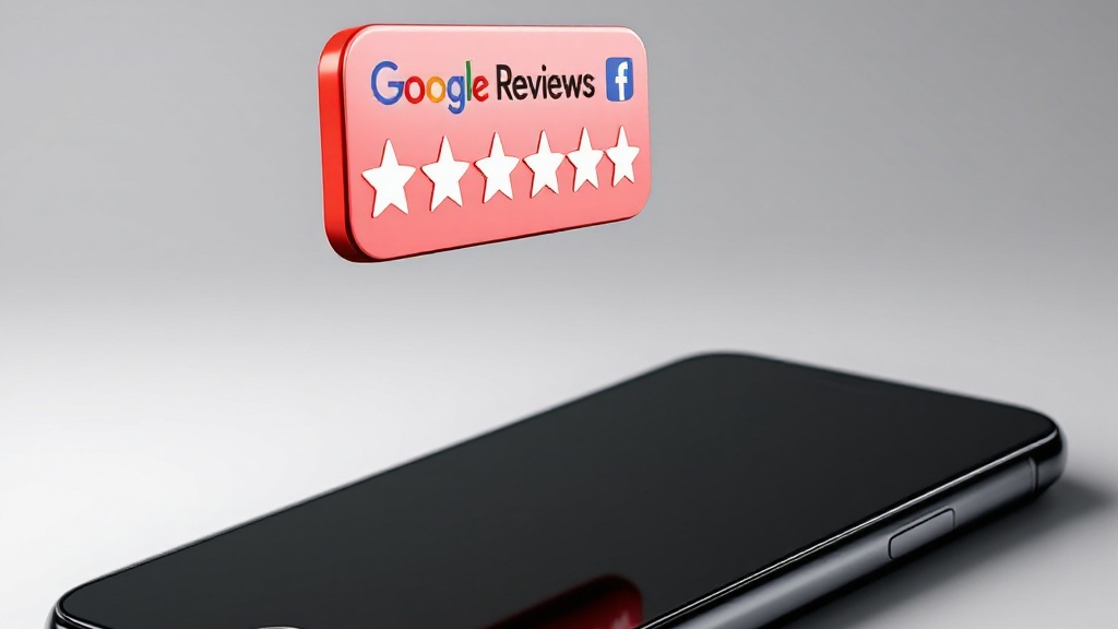 Google Reviews badge floating above a black smartphone on a gray background