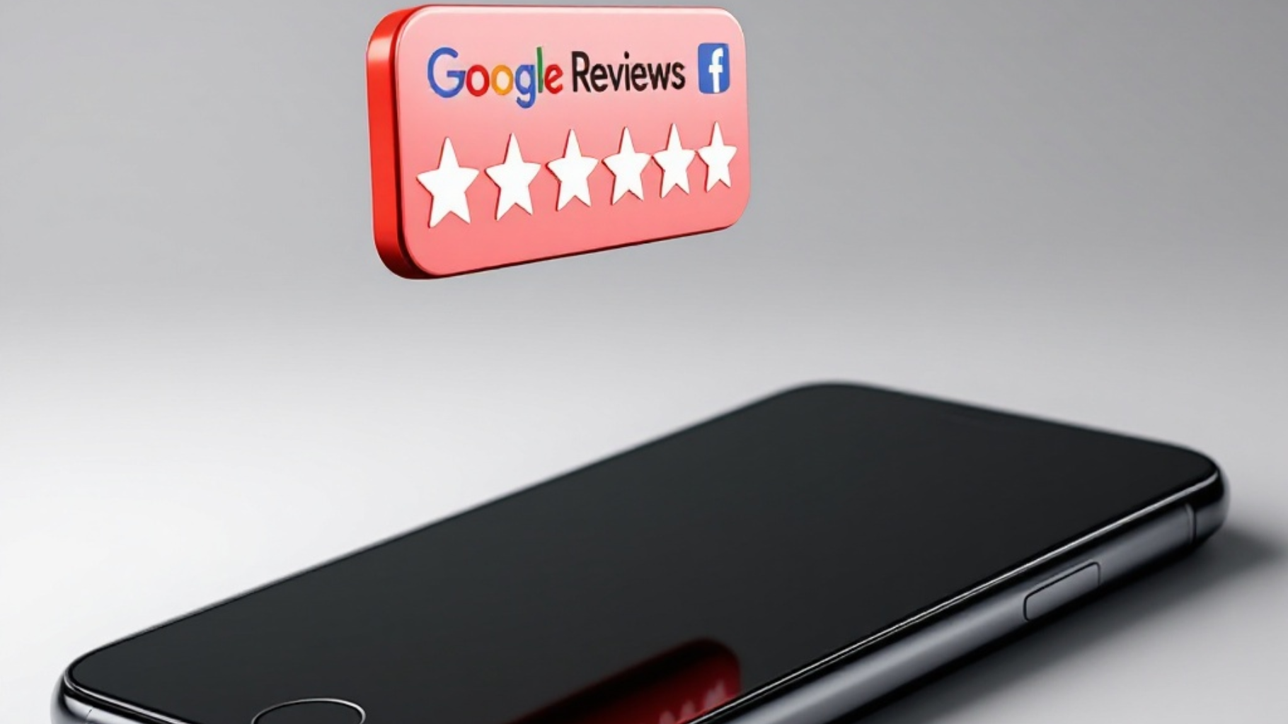 Google Reviews badge with five stars above a black smartphone
