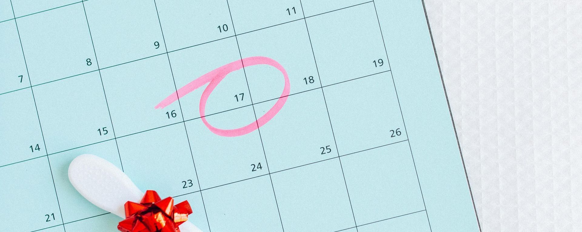Pink circled date on a planner page with a small red flower and white pen
