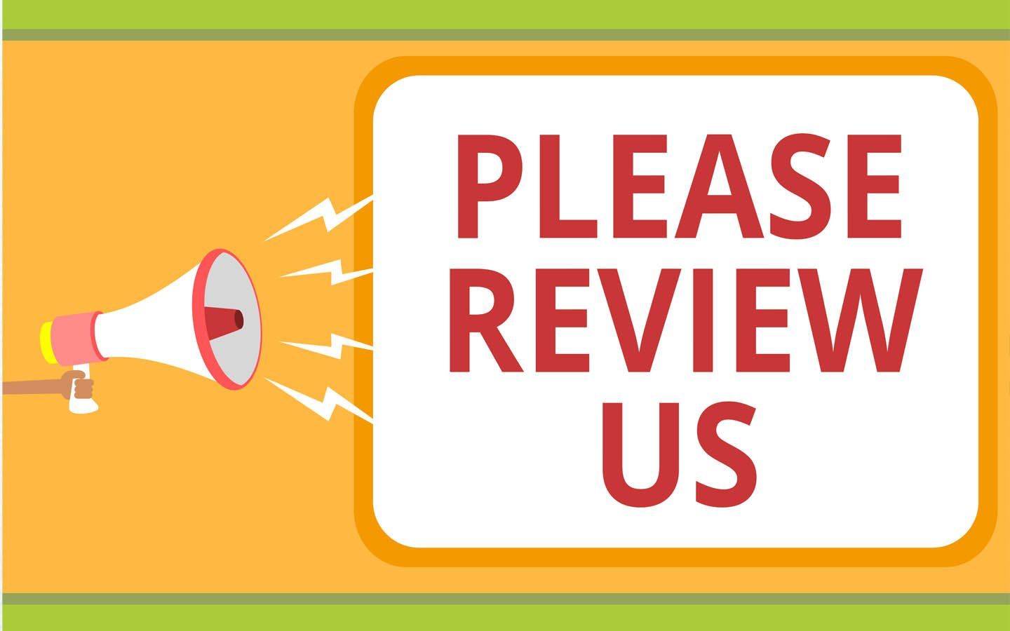 Yellow sign with megaphone and text: “PLEASE REVIEW US”