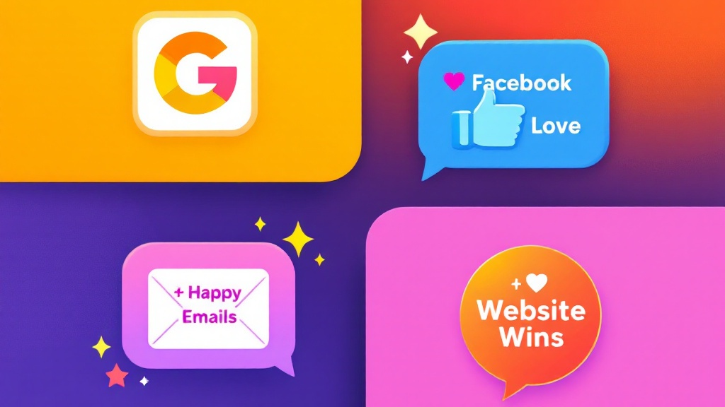 Colorful social media-style badges for Google, Facebook Love, Happy Emails, and Website Wins on a gradient background