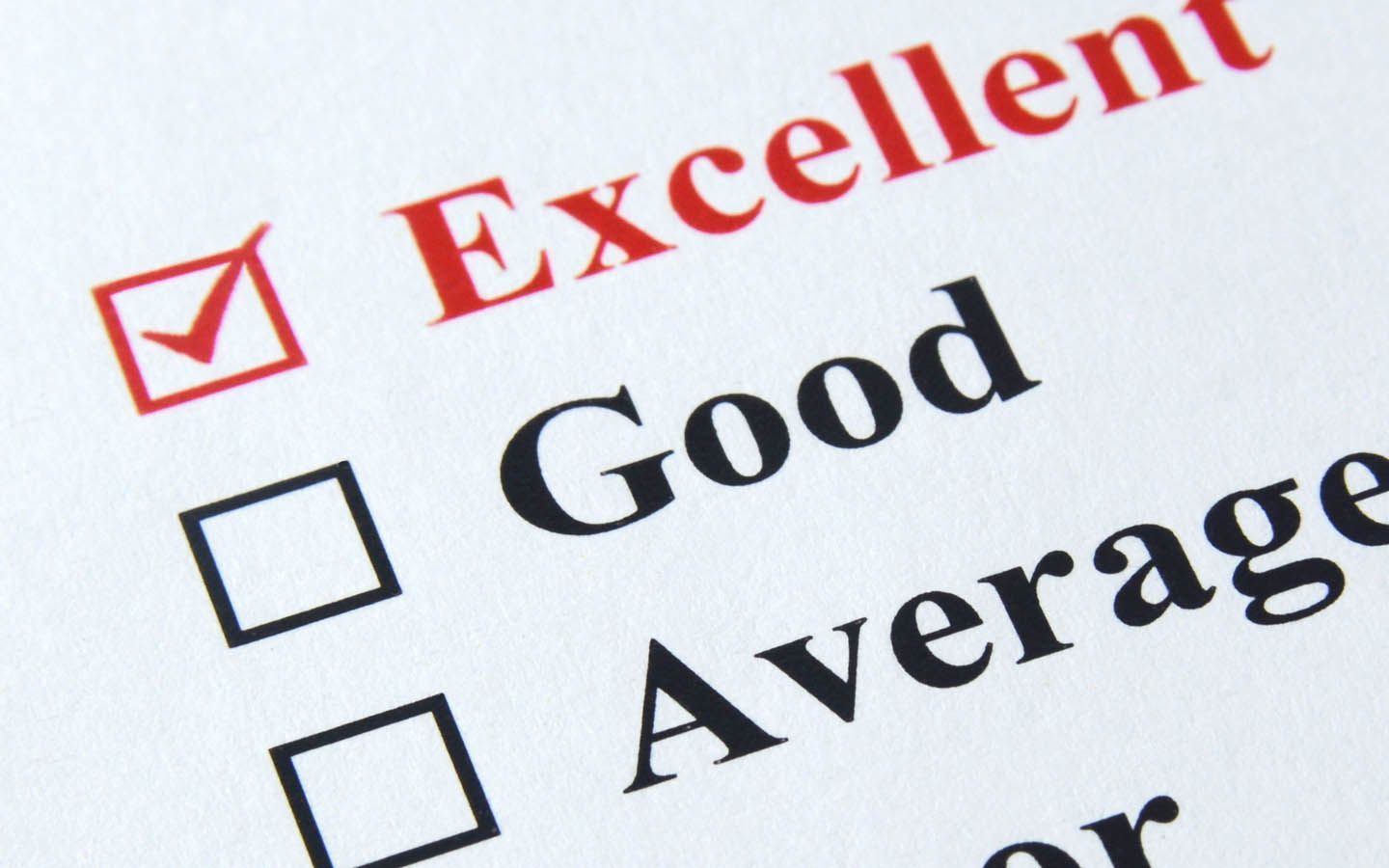 Checklist with “Excellent,” “Good,” and “Average” options, first box checked in red