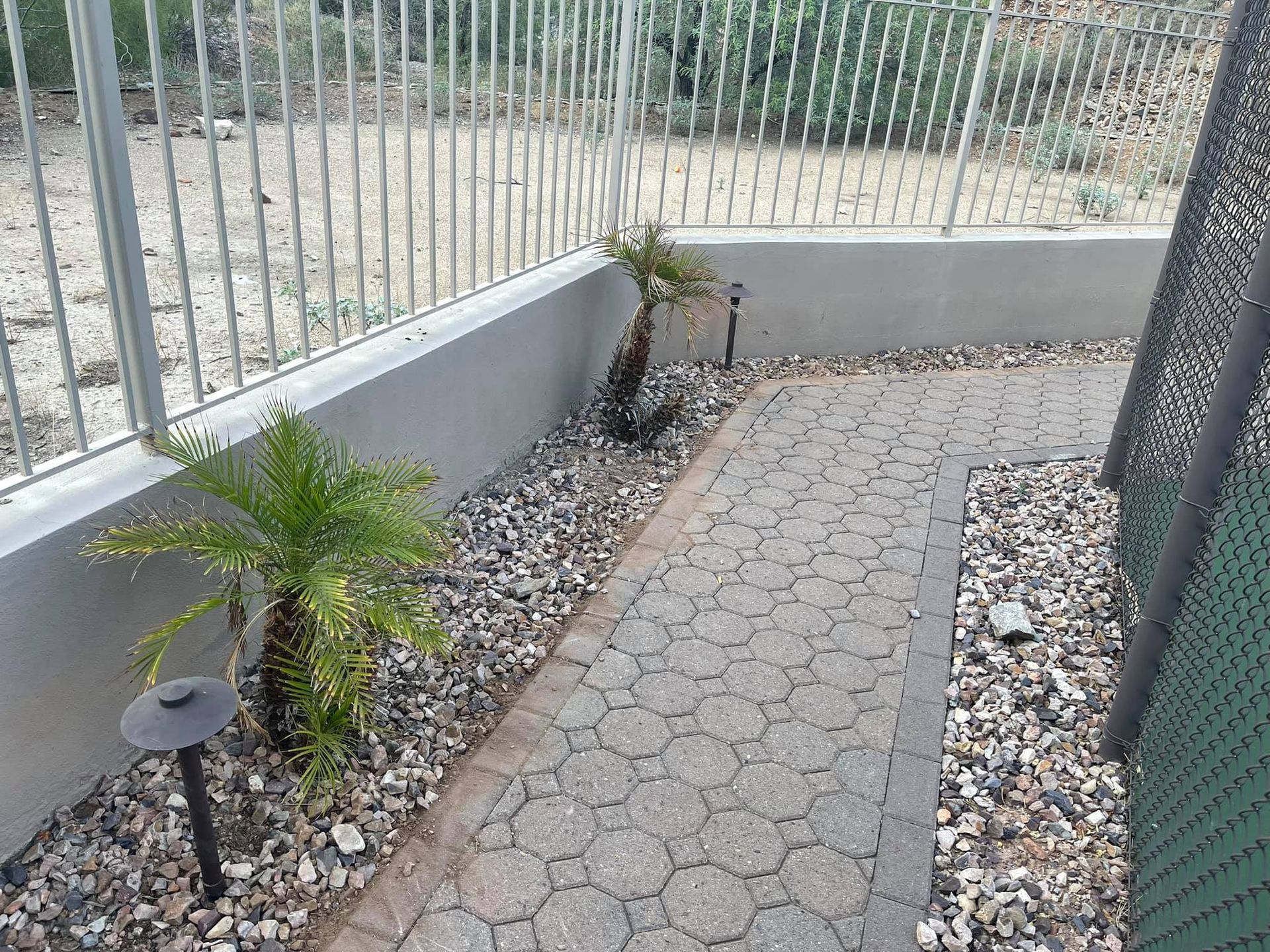 Narrow gravel-lined walkway beside a metal fence, with small palm plants and a paver path.