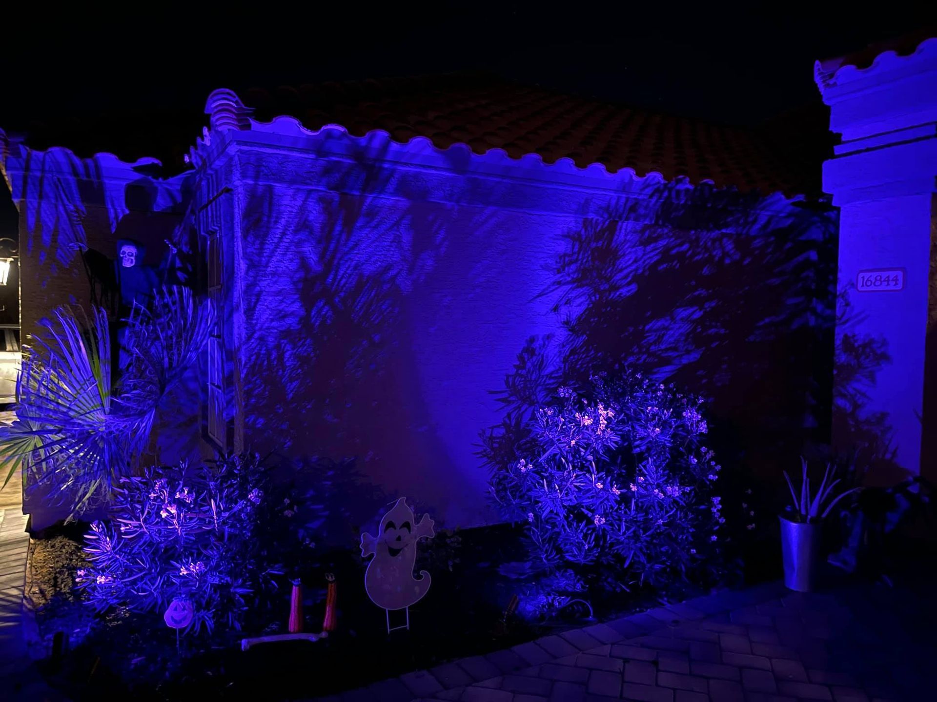 Blue-lit house exterior with Halloween decorations and glowing lights at night