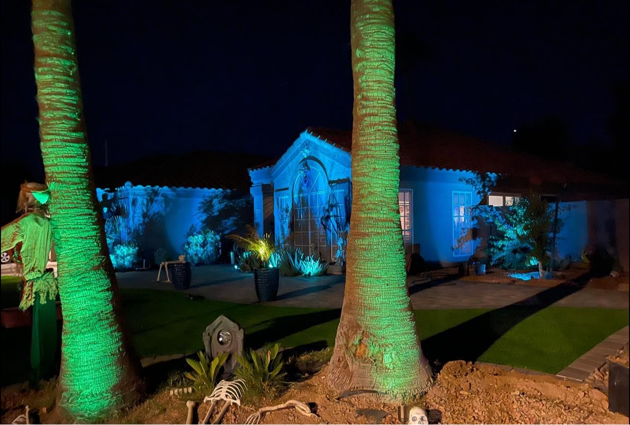 Nighttime view of a blue-lit house with palm trees and a front yard decorated in green and blue lights