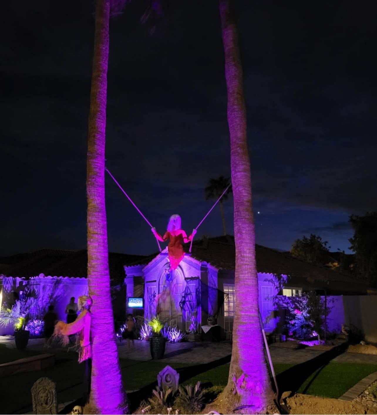 Nighttime yard display with a glowing purple Halloween scarecrow between two palm trees.