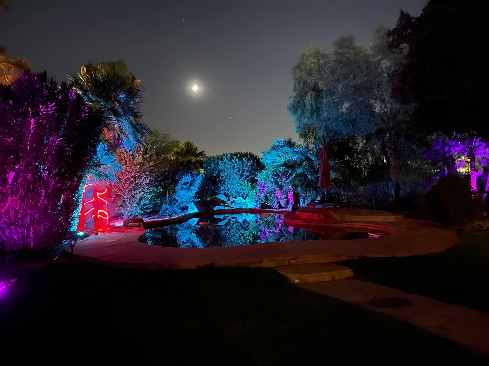 Nighttime park with colorful illuminated trees and a glowing moon reflected in a pond