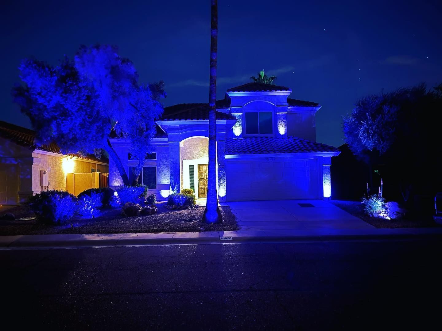 House at night lit with blue lights, with a driveway and trees along the street
