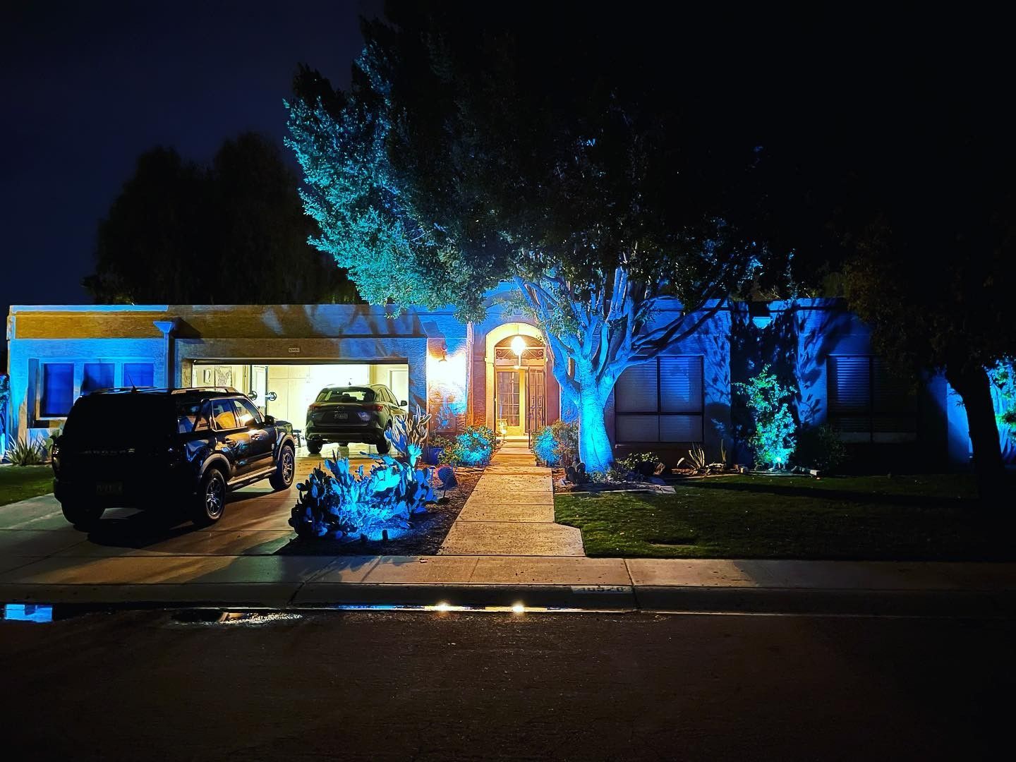 Blue-lit suburban house at night with a lit front door, trees, and cars in the driveway