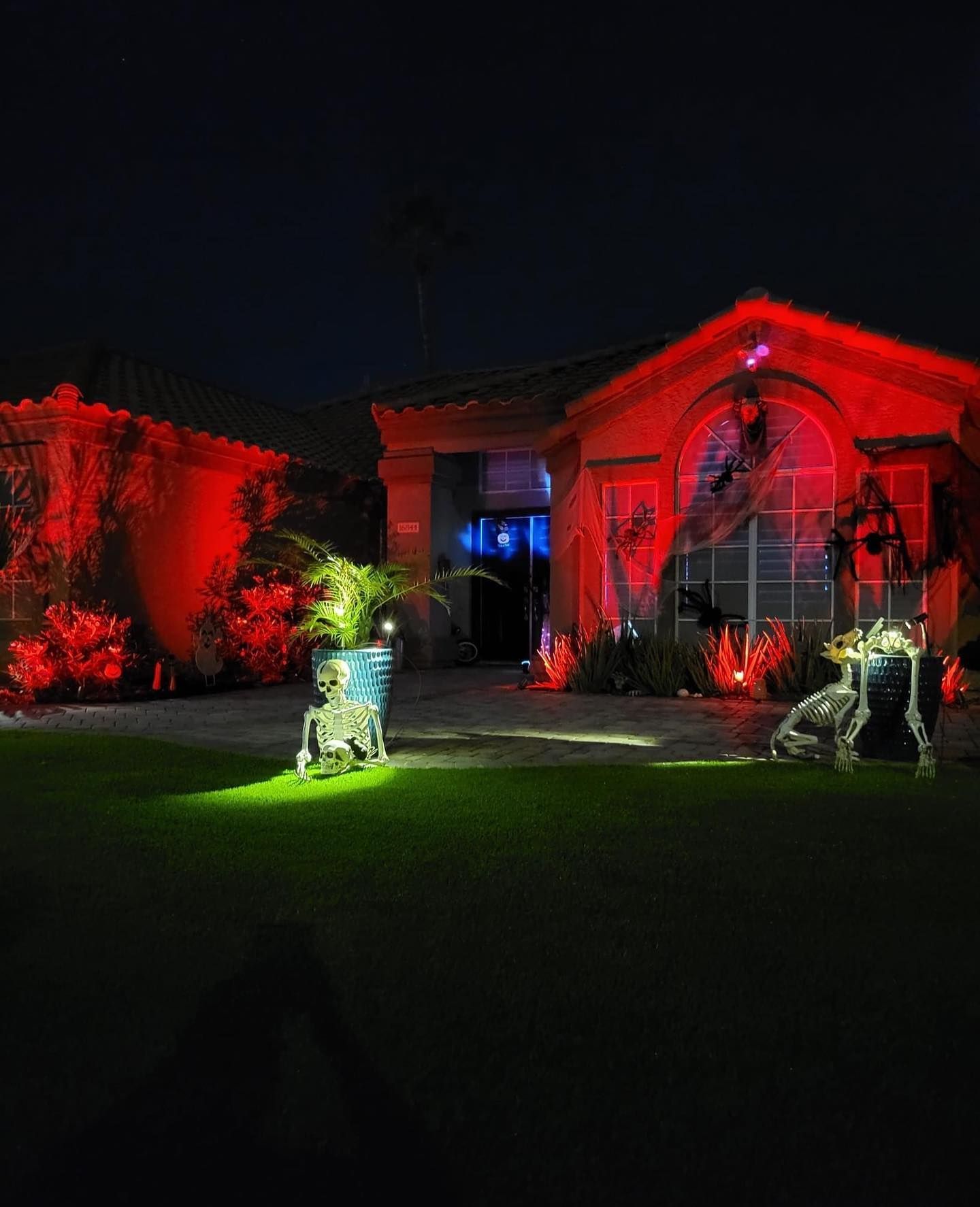House and yard lit with red and green Halloween lights at night